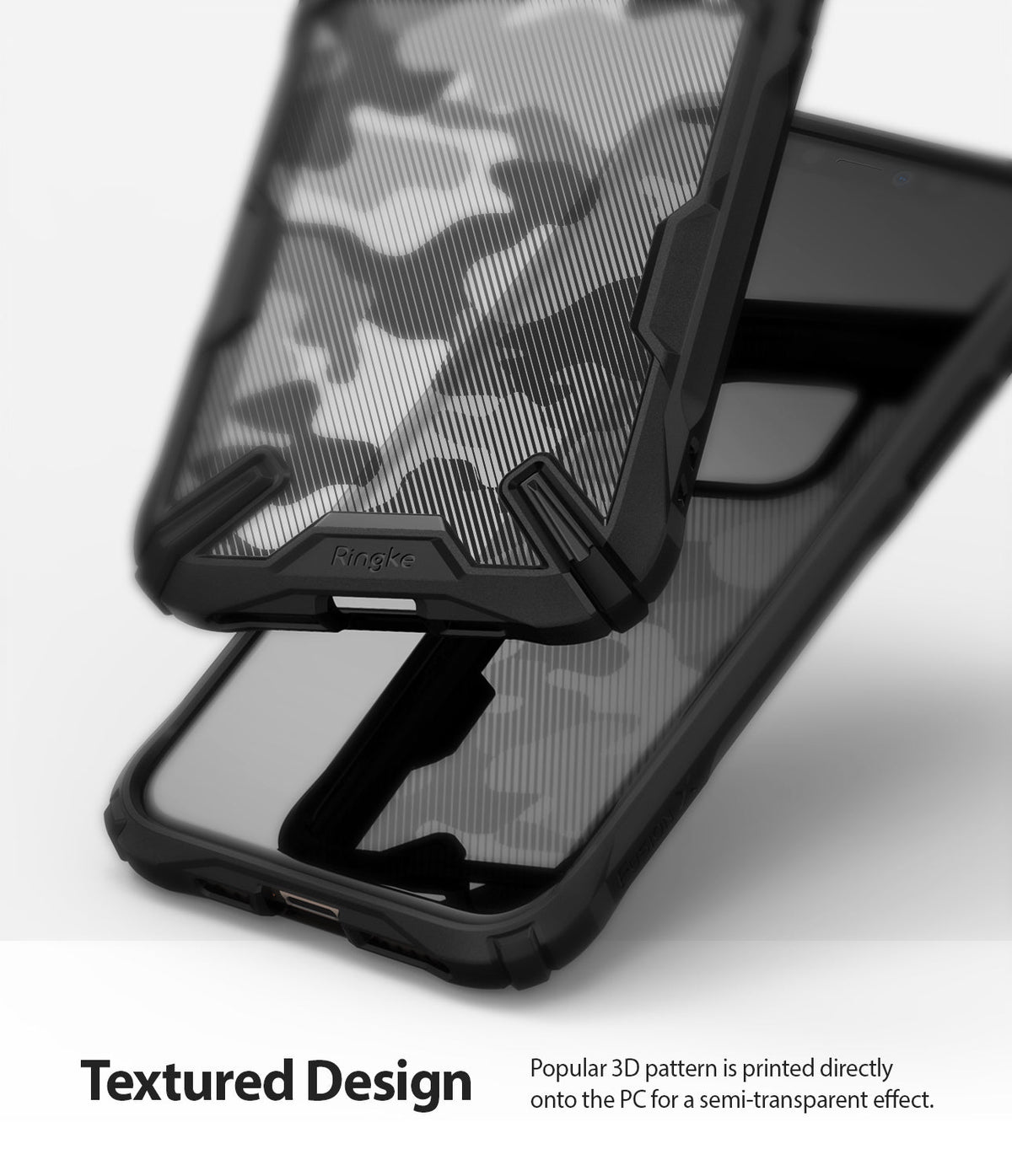 iPhone 11 Pro Max Case | Fusion-X Design - Black phone case with a semi-transparent camouflage pattern and textured finish.