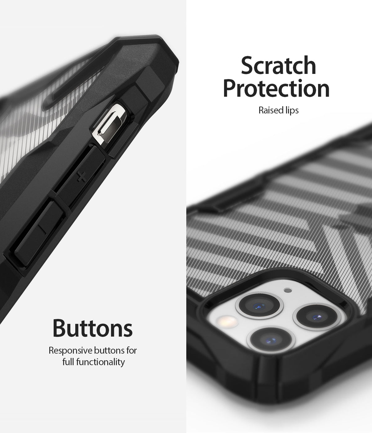 iPhone 11 Pro Max Case | Fusion-X Design - Close-up of phone case buttons and camera area with scratch-resistant raised lips.