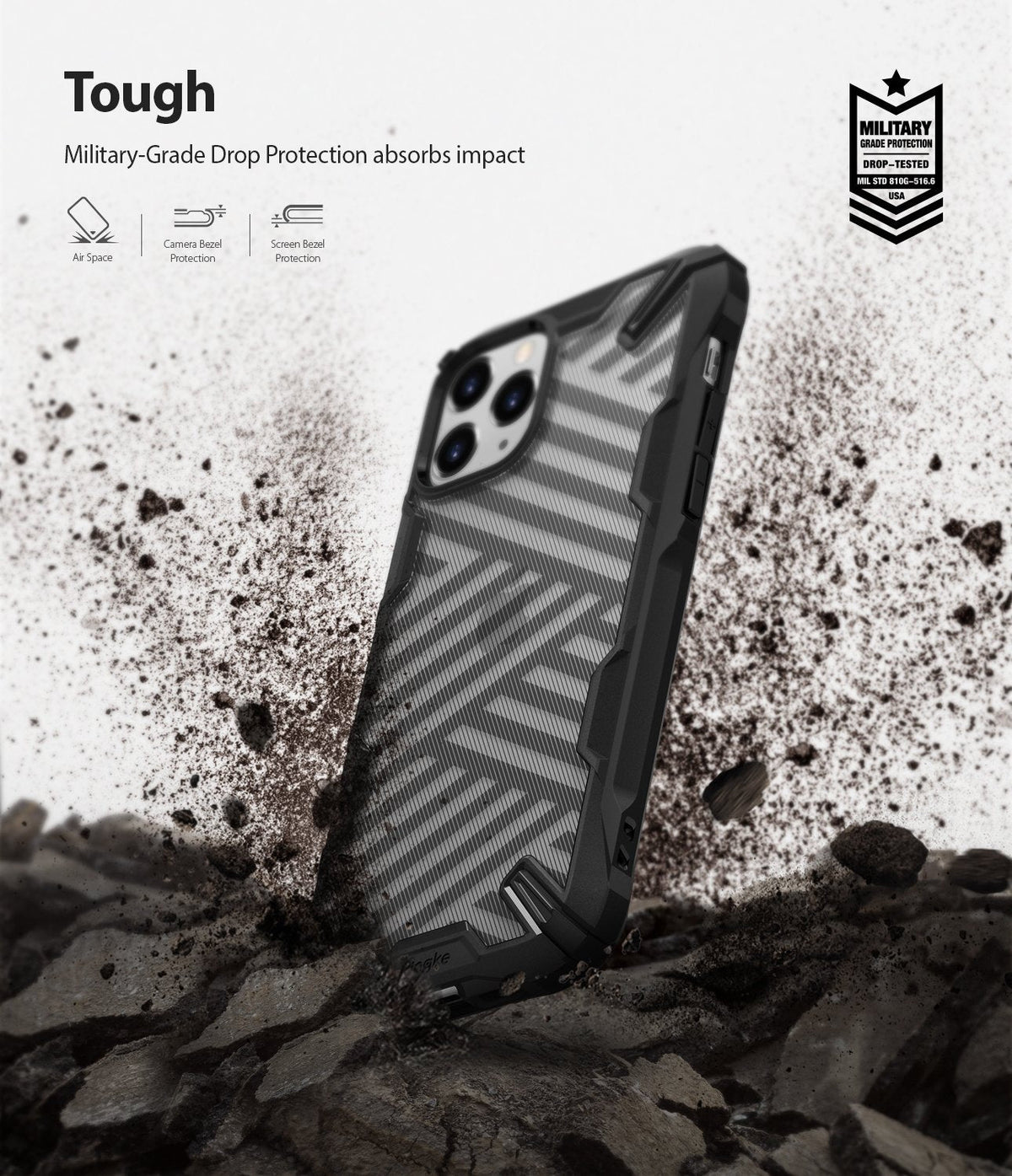 iPhone 11 Pro Max Case | Fusion-X Design - Black striped phone case standing in dirt with military-grade protection icons.
