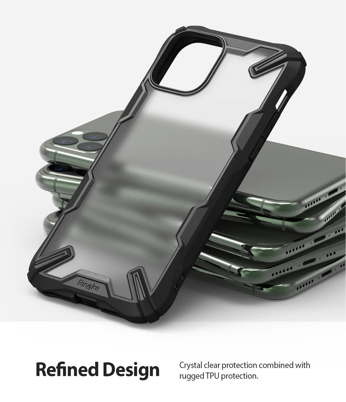 iPhone 11 Pro Max Case | Fusion-X Matte - Rugged black matte phone case resting on a stack of green smartphones.