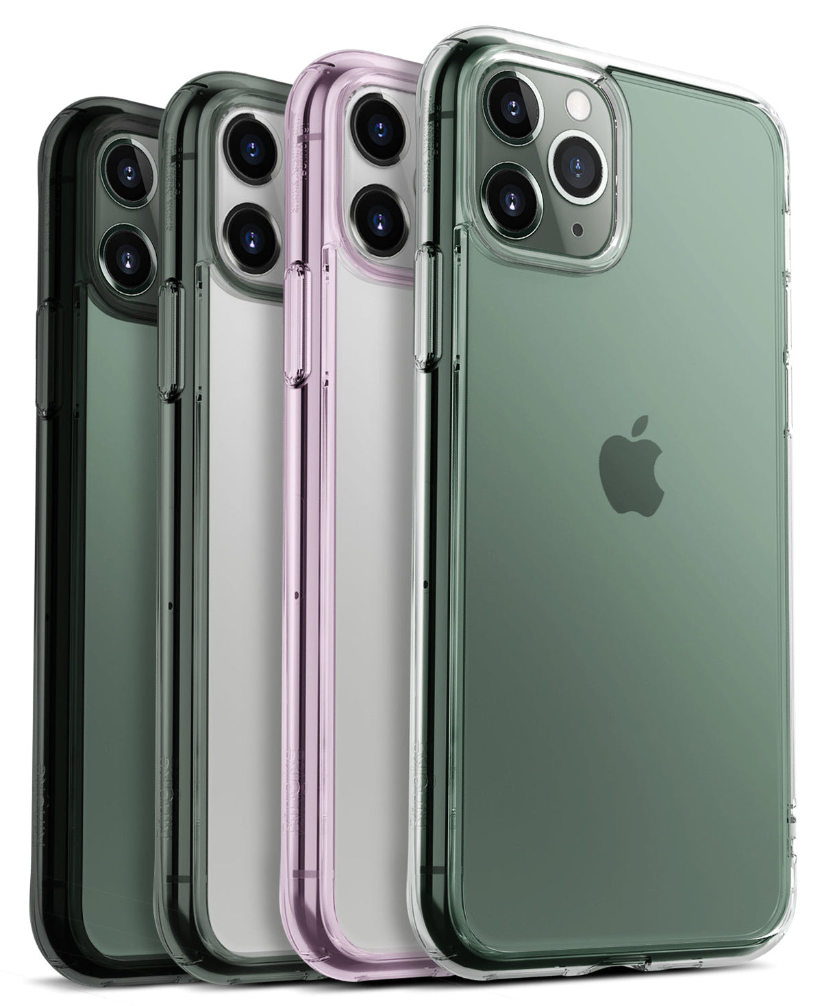 iPhone 11 Pro Max Case | Fusion - Four clear iPhone 11 Pro Max cases in black, grey, pink, and green arranged in a row.