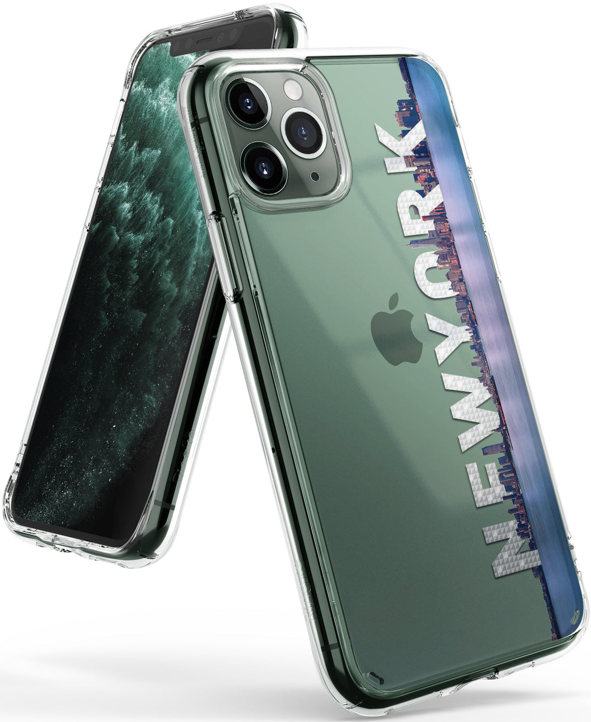 iPhone 11 Pro Max Case | Fusion Design - Clear phone case with a New York skyline graphic and white text on a green iPhone.