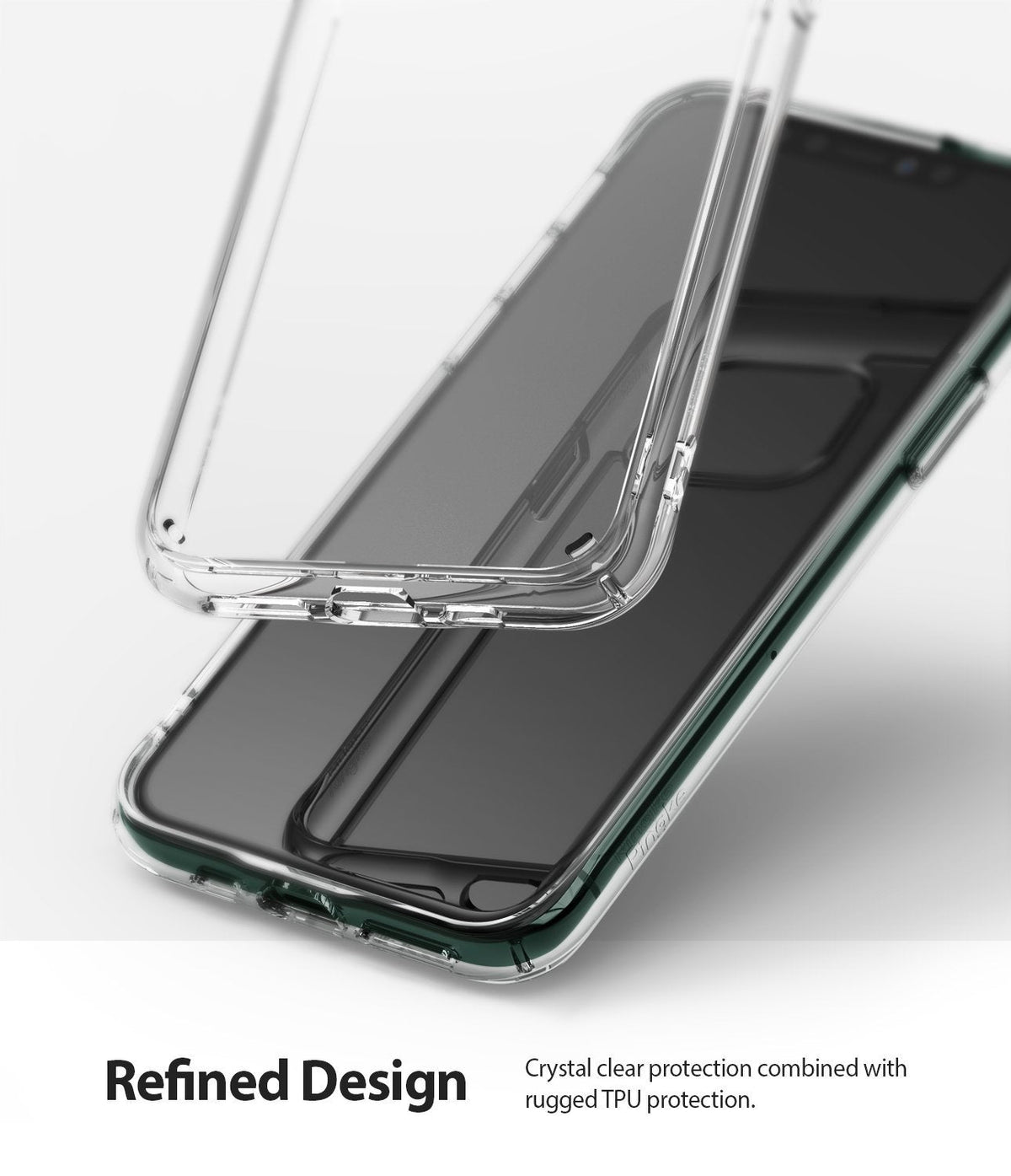 iPhone 11 Pro Max Case | Fusion - A clear, transparent phone case hovering above a dark-colored iPhone 11 Pro Max.
