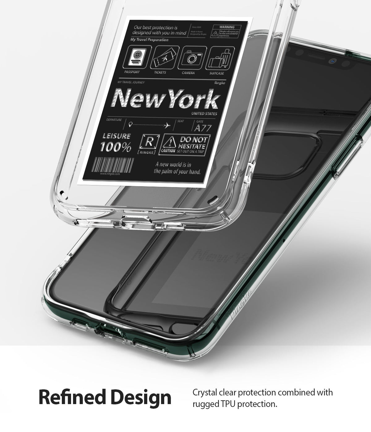 iPhone 11 Pro Max Case | Fusion Design - Clear phone case with a New York travel-themed insert hovering over a dark smartphone.