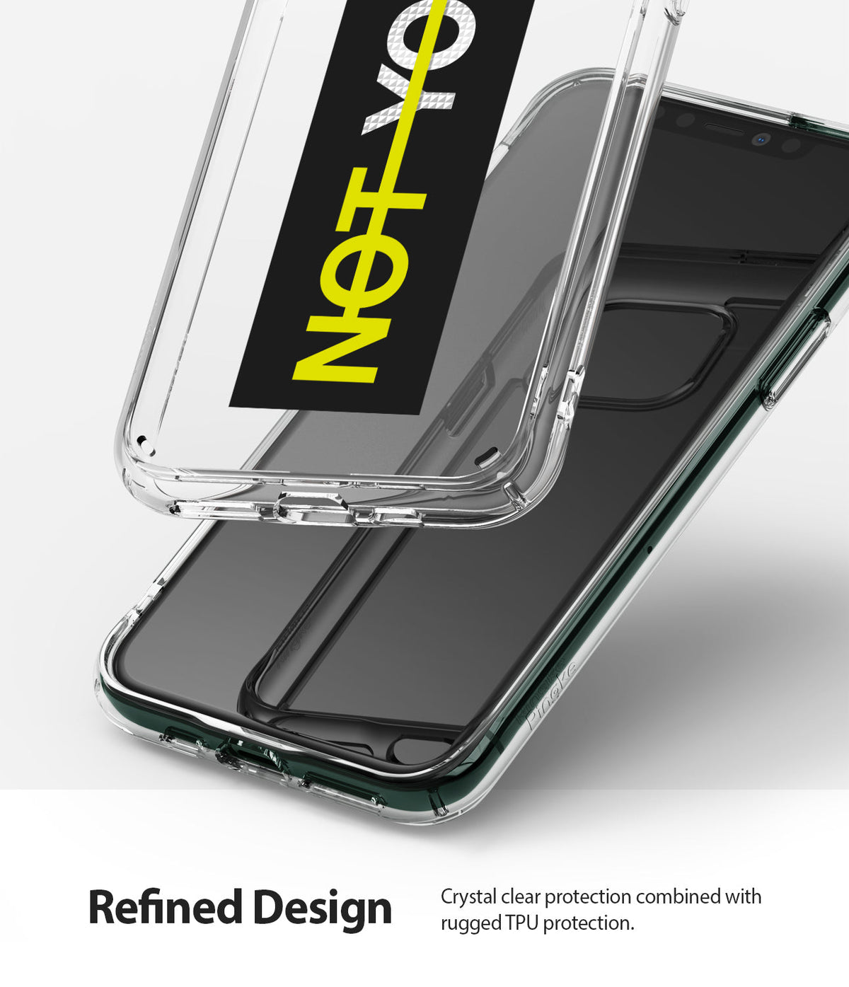 iPhone 11 Pro Max Case | Fusion Design - Clear protective phone case hovering above a dark smartphone.