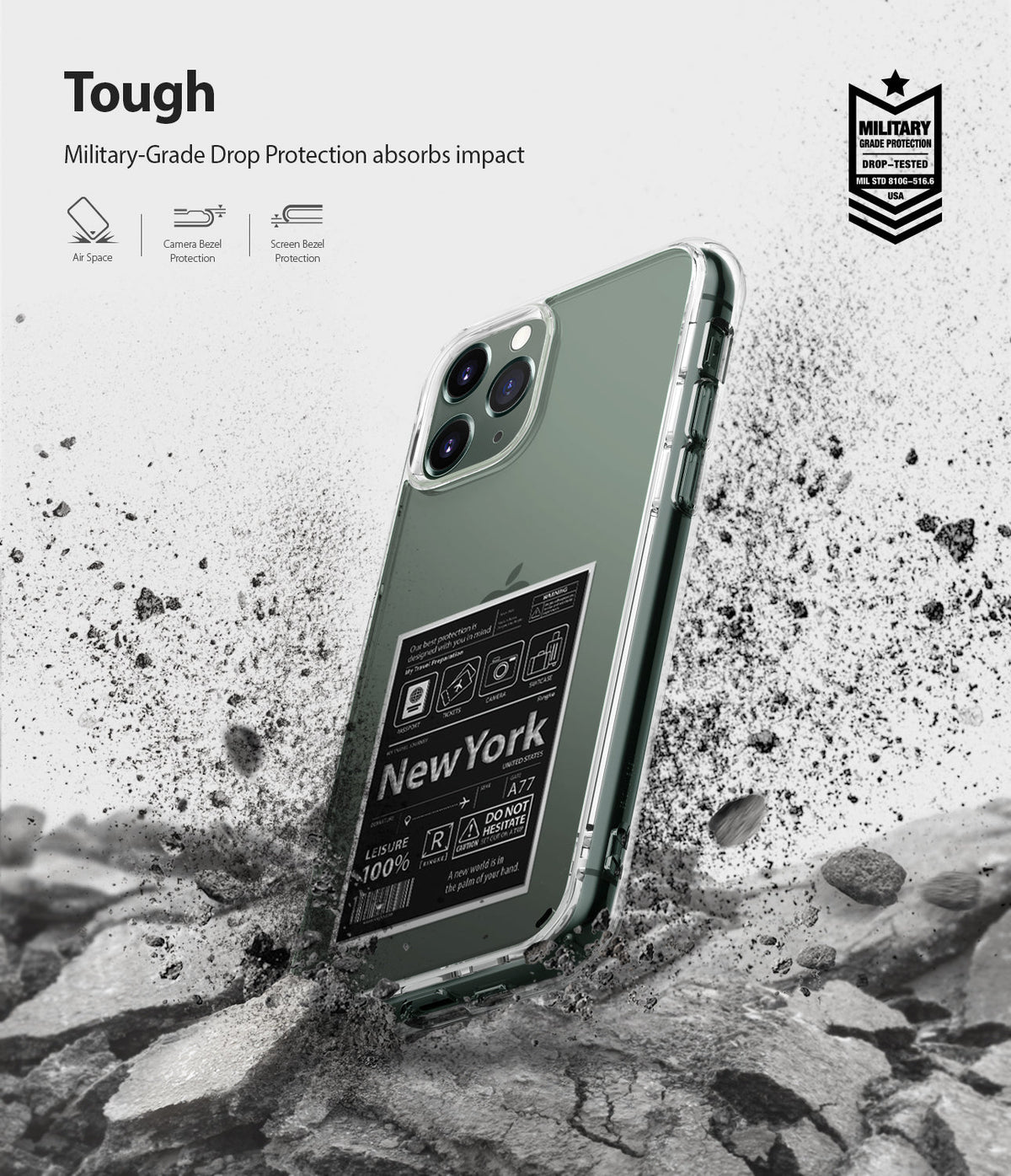 iPhone 11 Pro Max Case | Fusion Design - Clear phone case with New York travel sticker design, surrounded by debris.