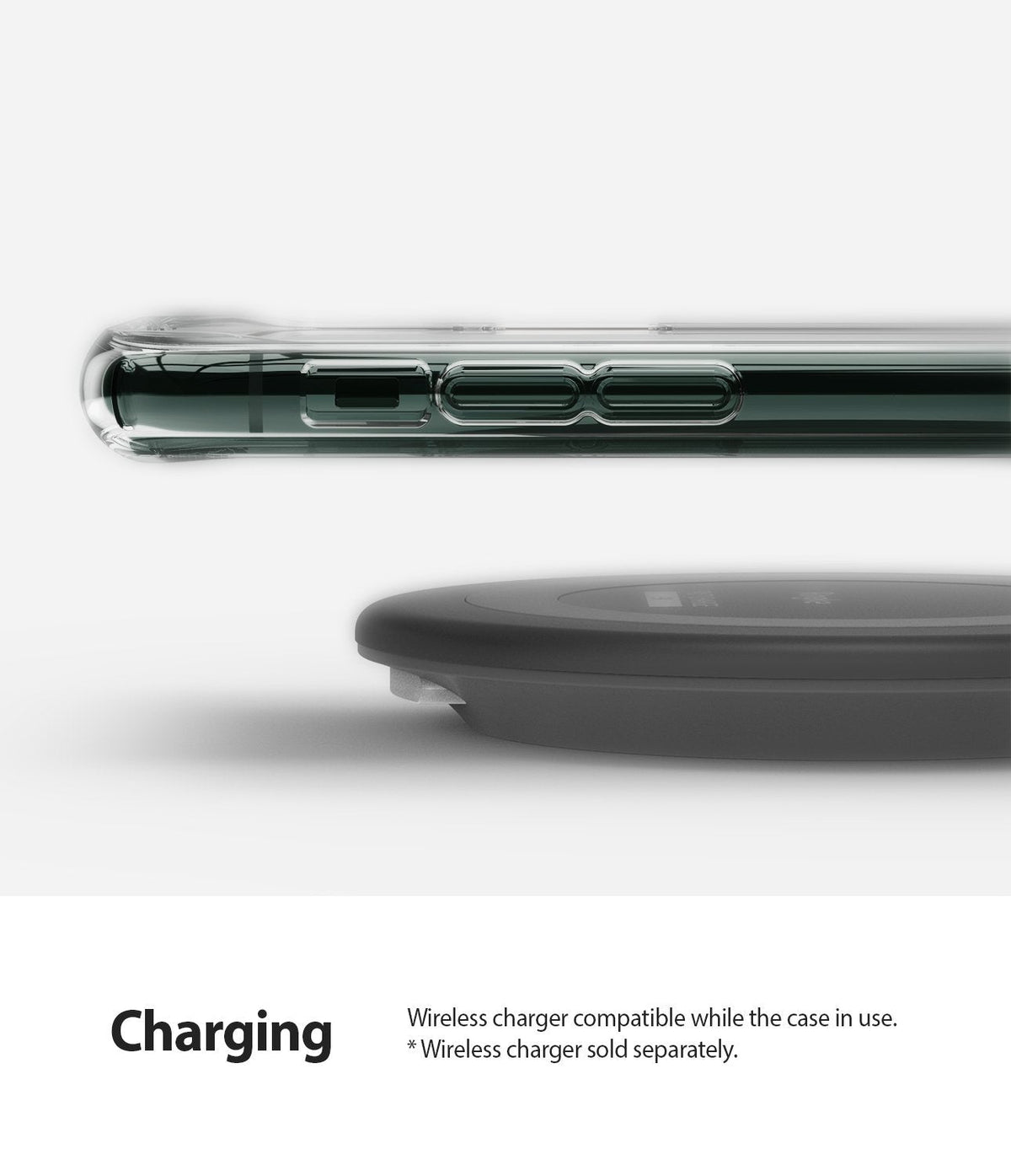 iPhone 11 Pro Max Case | Fusion - Side view of a phone in a clear case hovering above a wireless charging pad.