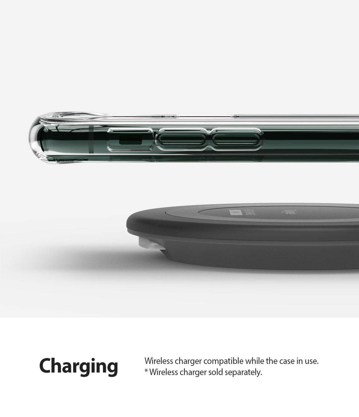 iPhone 11 Pro Max Case | Fusion Design - Side view of a clear iPhone case hovering above a black wireless charging pad.