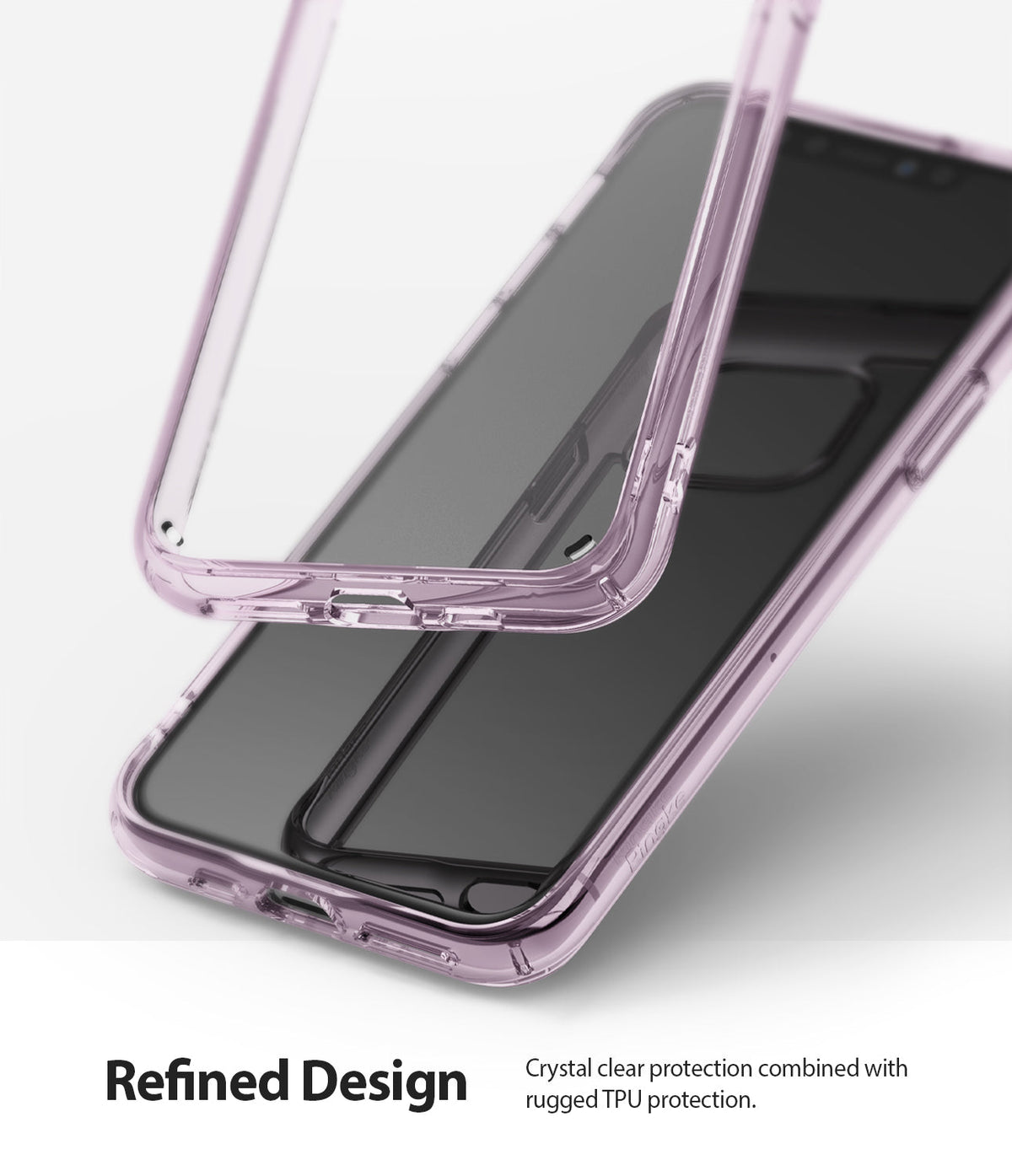 iPhone 11 Pro Max Case | Fusion - A lavender-tinted clear phone case hovering above an iPhone 11 Pro Max.