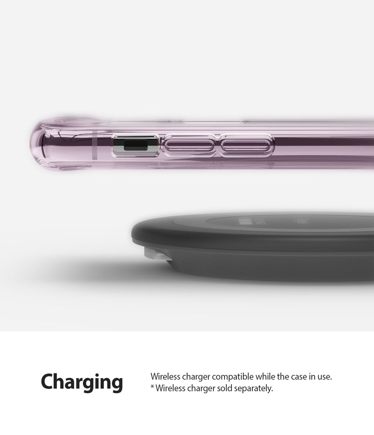 iPhone 11 Pro Max Case | Fusion - Lavender iPhone 11 Pro Max case hovering above a black wireless charging pad.