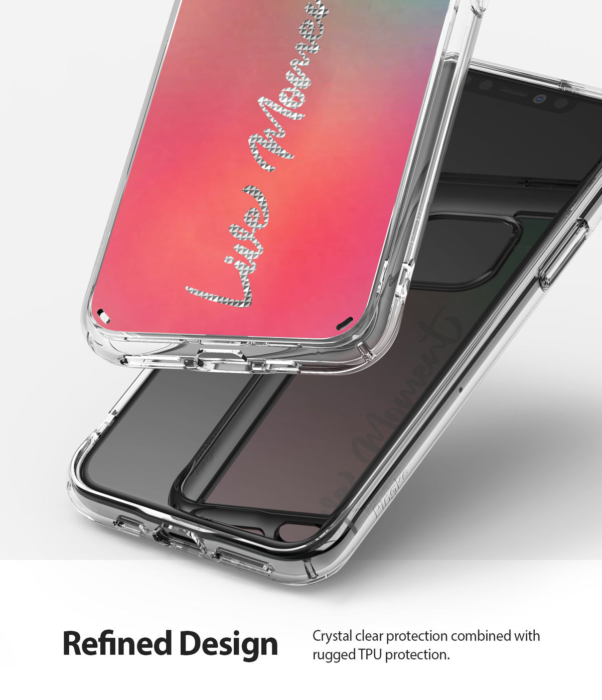 iPhone 11 Pro Max Case | Fusion Design - Clear protective phone case with a vibrant pink and orange gradient insert.