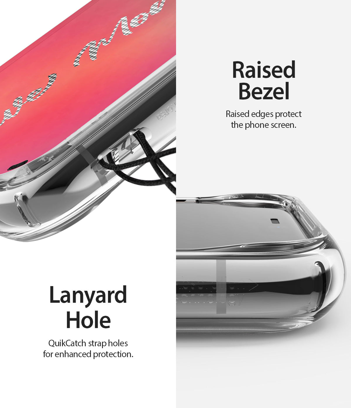 iPhone 11 Pro Max Case | Fusion Design - Close-up of clear phone case showing lanyard hole and raised screen bezel.