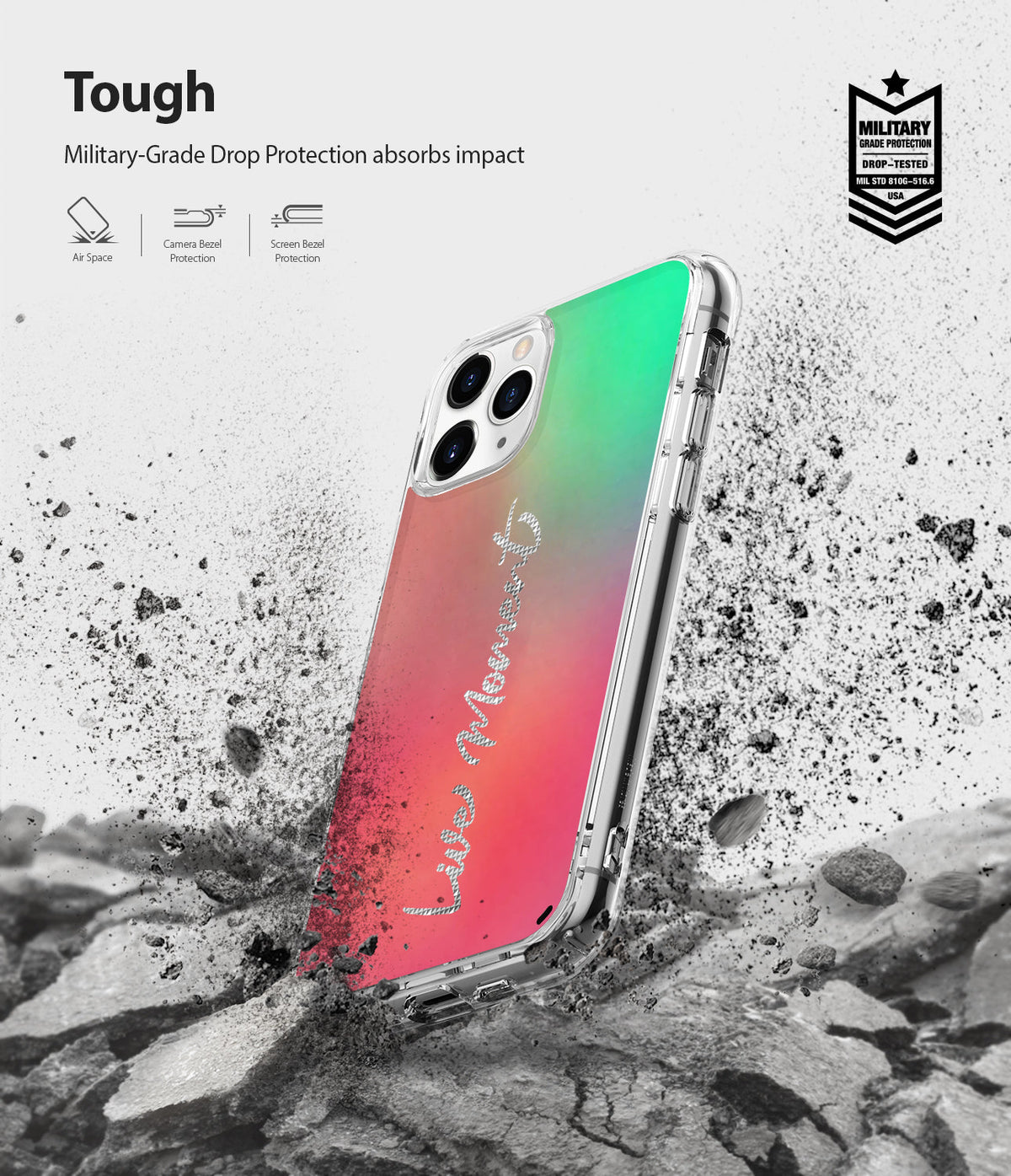 iPhone 11 Pro Max Case | Fusion Design - Clear phone case with green-to-red gradient back, surrounded by exploding debris.