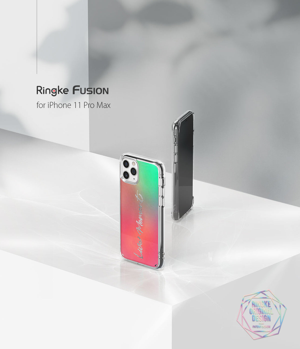 iPhone 11 Pro Max Case | Fusion Design - Clear phone case with a pink-to-green gradient back on a white surface.