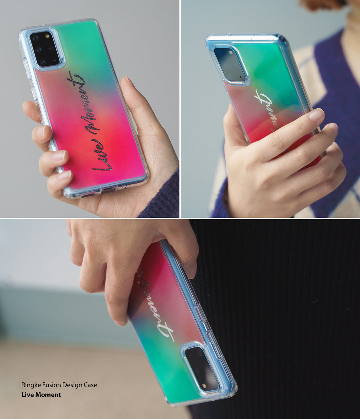 iPhone 11 Pro Max Case | Fusion Design - Hands holding a clear phone case with a green-to-pink gradient and Live Moment text.
