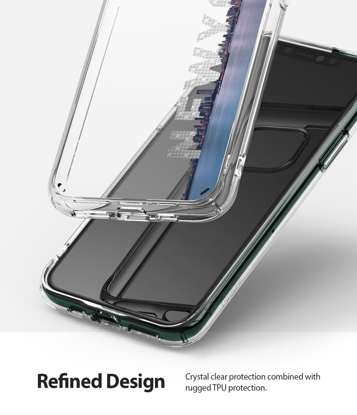 iPhone 11 Pro Max Case | Fusion Design - Clear protective phone case hovering over a smartphone with a New York skyline graphic.