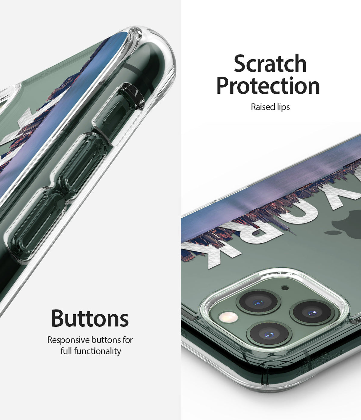 iPhone 11 Pro Max Case | Fusion Design - Clear case showing responsive side buttons and raised camera lens protection.