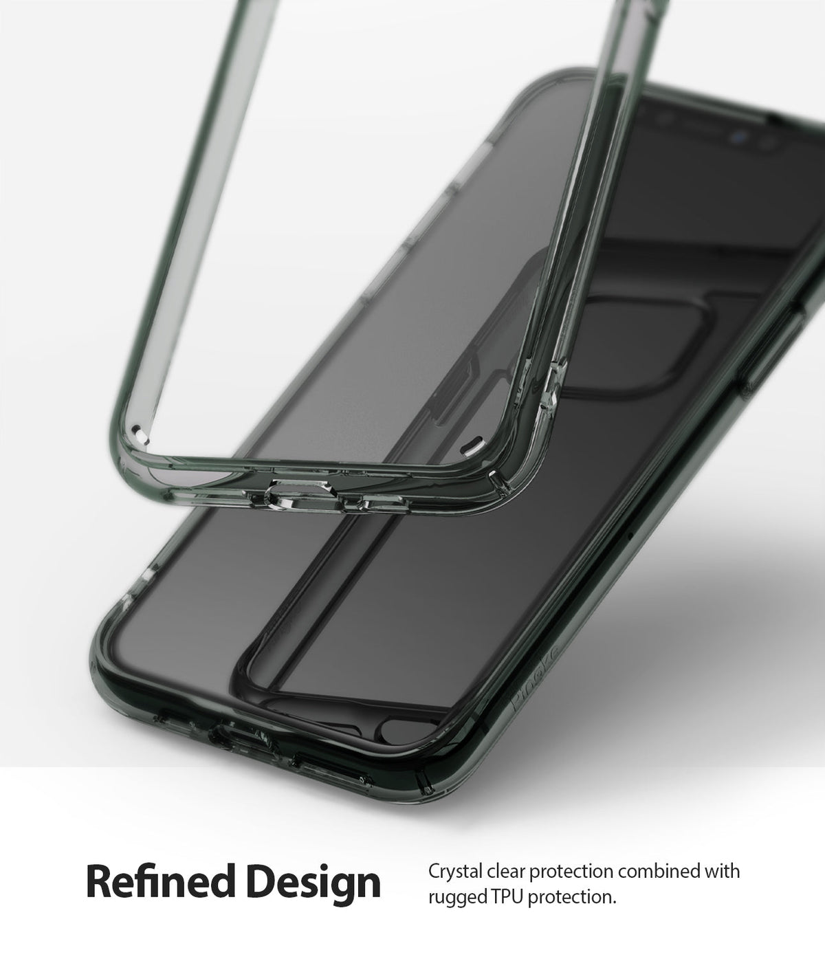iPhone 11 Pro Max Case | Fusion - A clear, pine green phone case hovering above an iPhone 11 Pro Max.