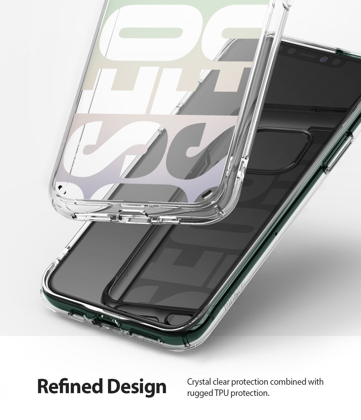 iPhone 11 Pro Max Case | Fusion Design - Clear protective phone case with a colorful graphic overlay and rugged TPU frame.