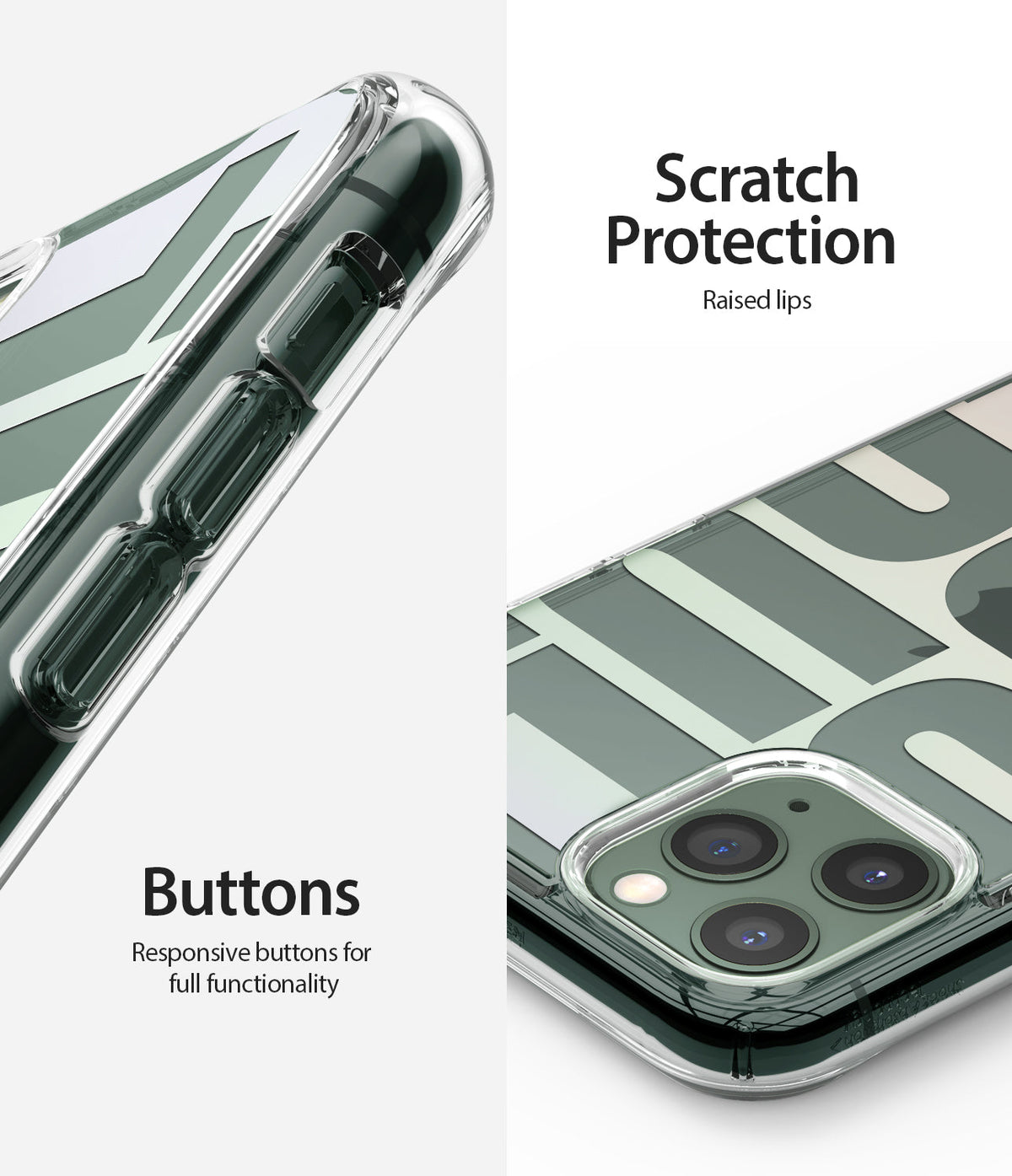 iPhone 11 Pro Max Case | Fusion Design - Close-up of clear phone case showing responsive buttons and raised camera lips.