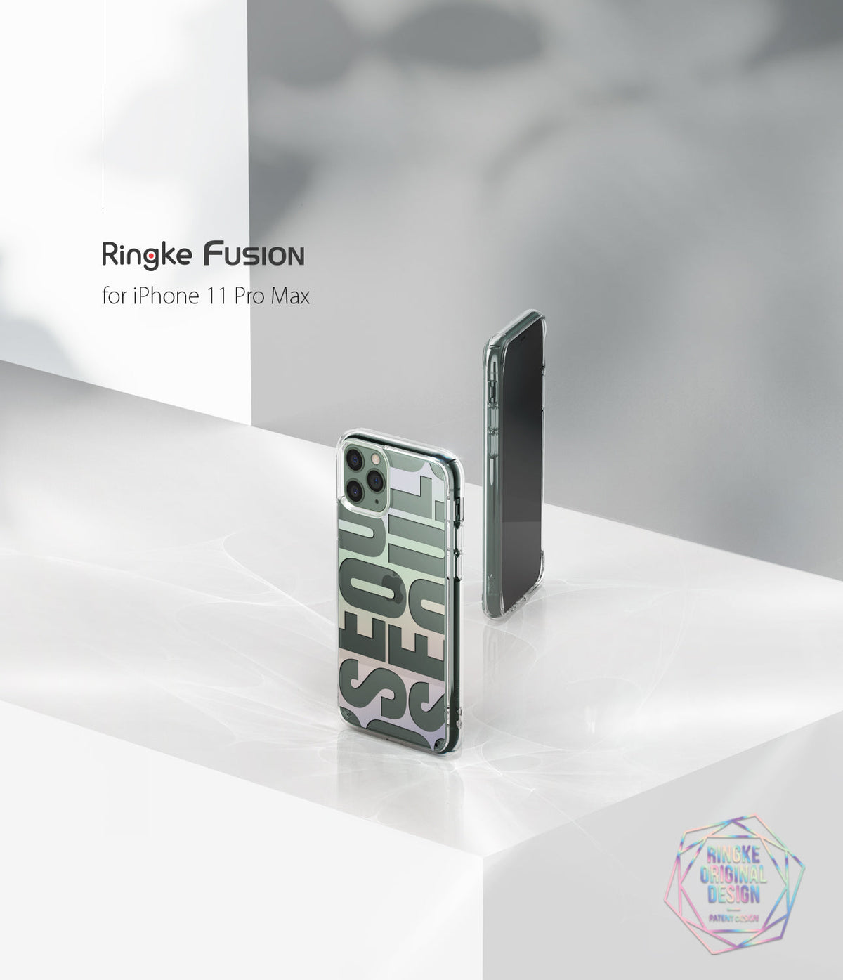 iPhone 11 Pro Max Case | Fusion Design - Clear phone case with SEOUL text on a white surface with a minimalist background.