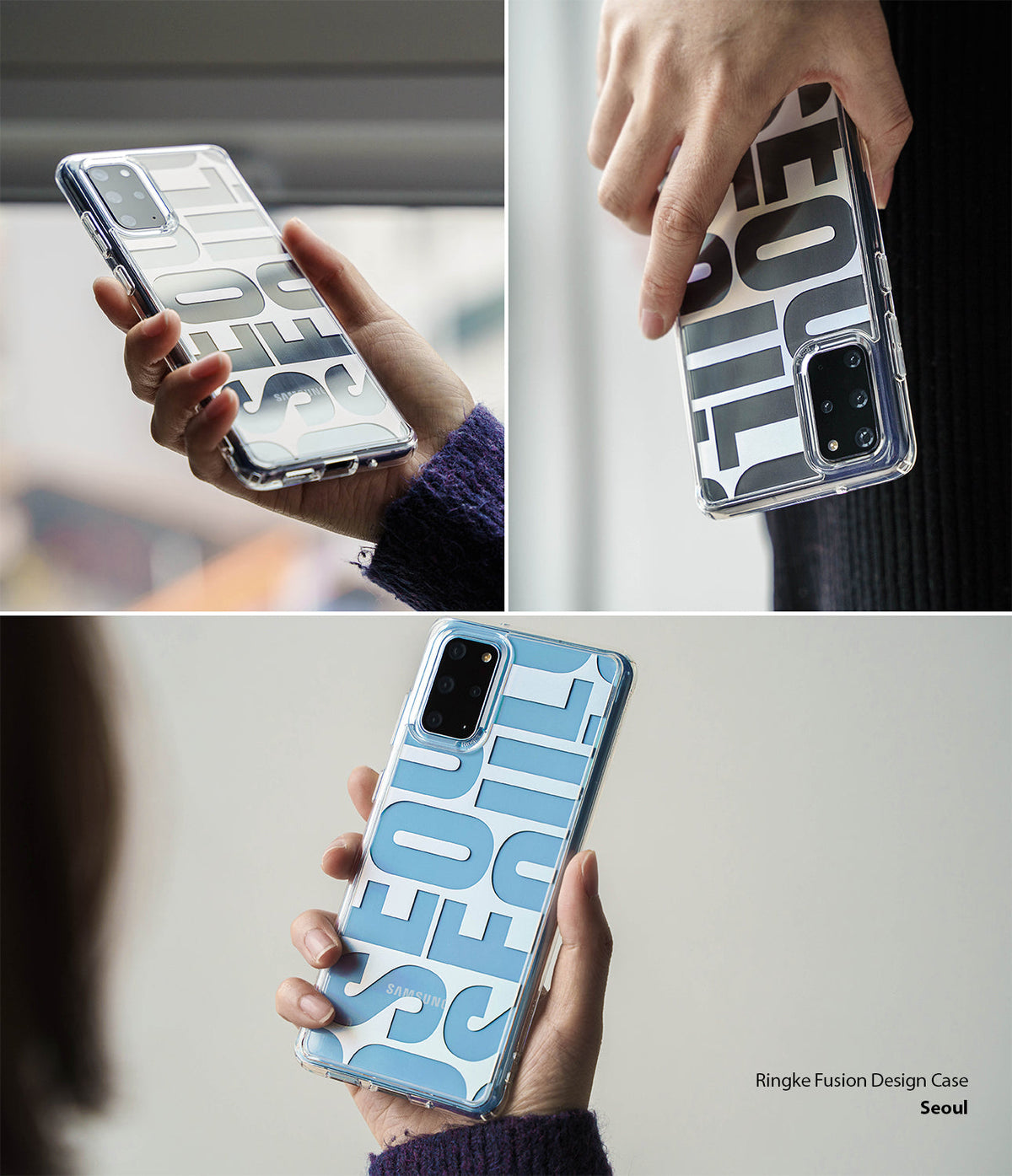 iPhone 11 Pro Max Case | Fusion Design - Clear phone case with bold SEOUL typography held in hands from multiple angles.