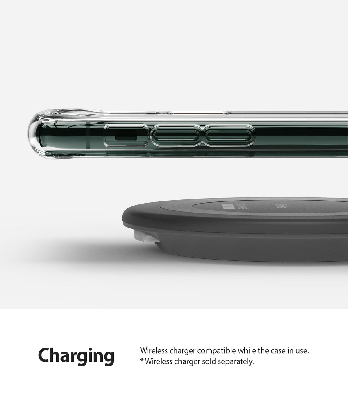 iPhone 11 Pro Max Case | Fusion Design - Side view of a phone in a clear case hovering above a black wireless charging pad.