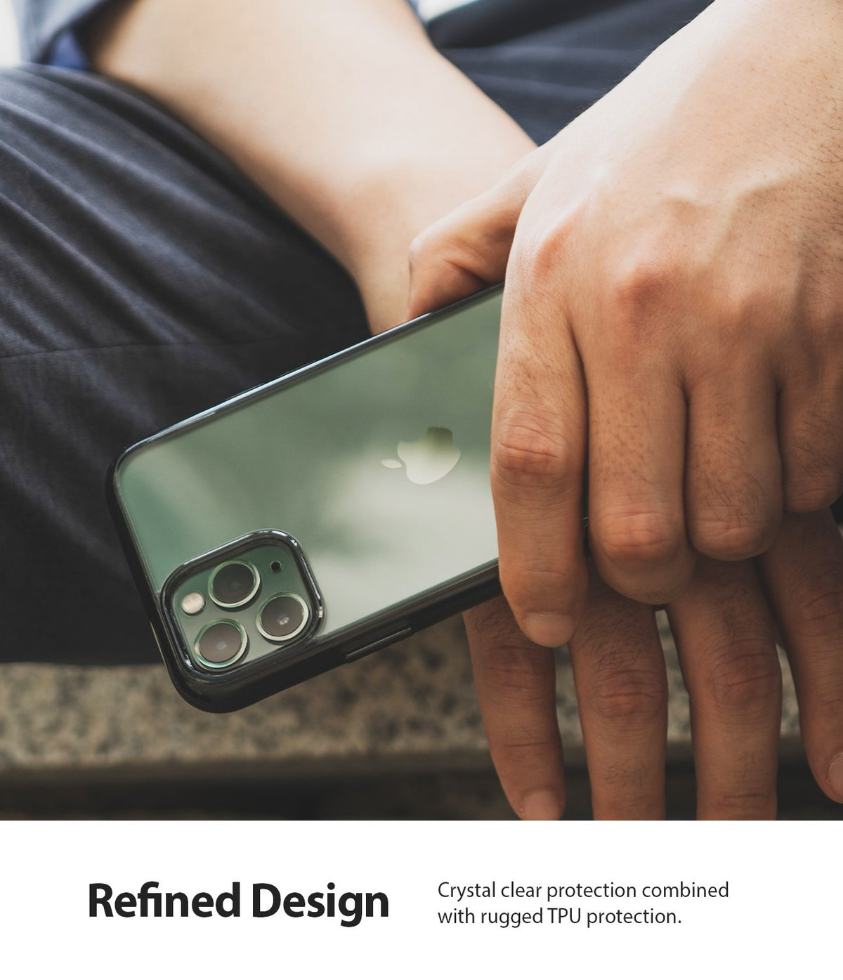 iPhone 11 Pro Max Case | Fusion - A hand holding a green iPhone 11 Pro Max in a clear, smoke-black protective case.