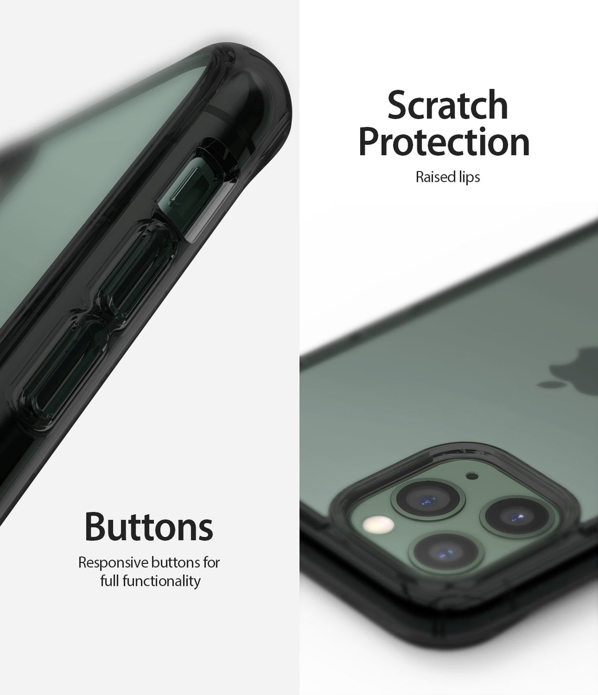 iPhone 11 Pro Max Case | Fusion - Close-up of responsive side buttons and raised camera lens protection on a smoke black case.