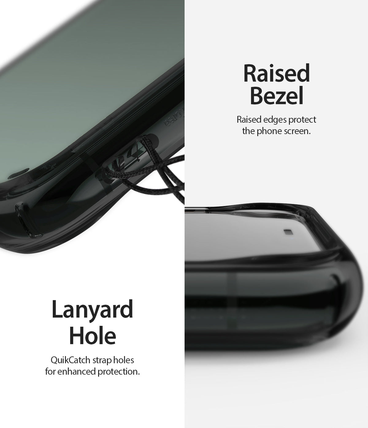 iPhone 11 Pro Max Case | Fusion - Close-up of a black phone case showing a lanyard hole and a raised screen bezel for protection.