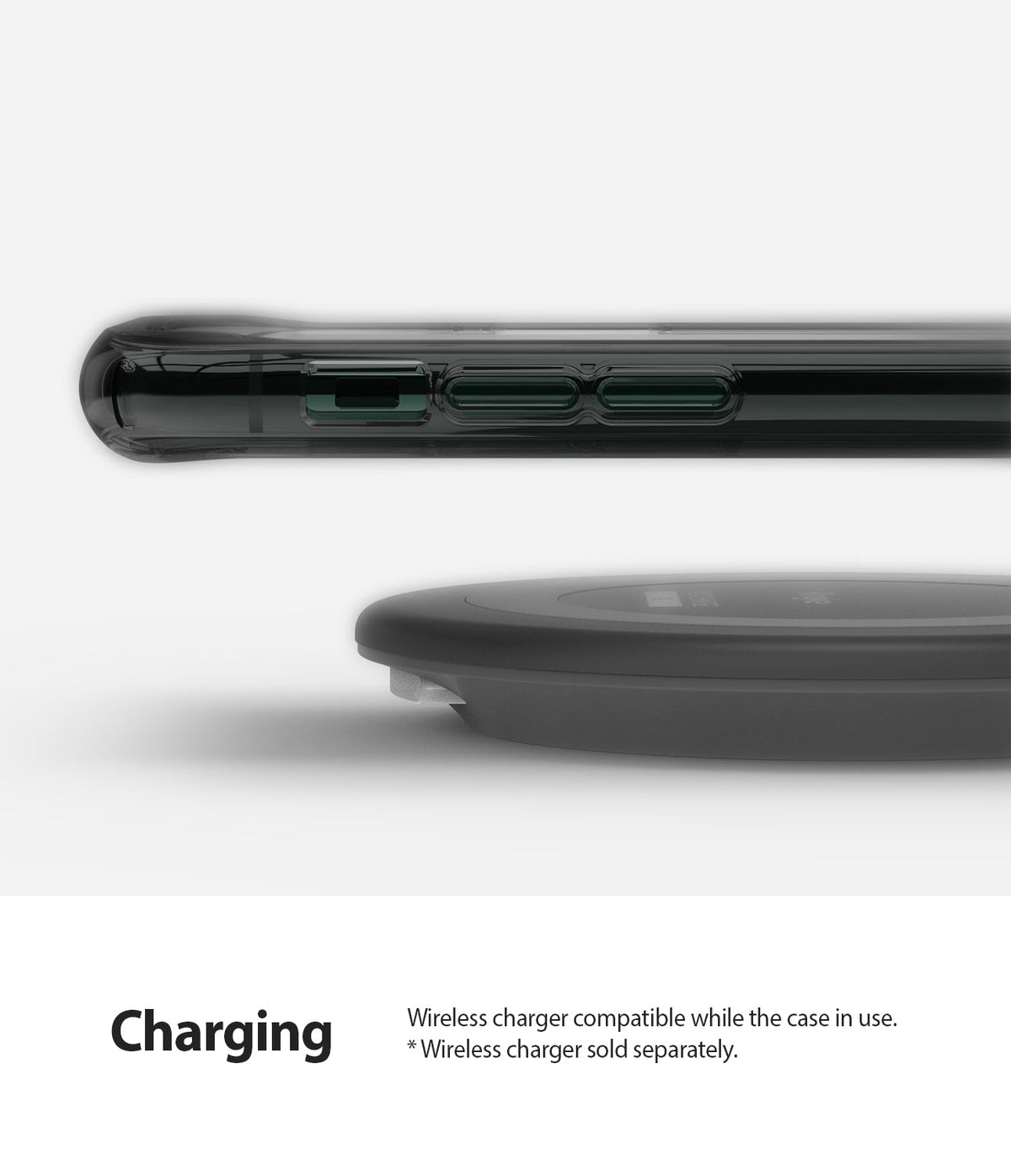 iPhone 11 Pro Max Case | Fusion - Side view of a smoke black phone case hovering above a wireless charging pad.