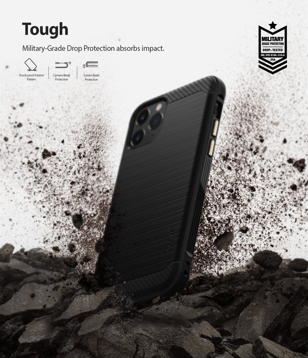 iPhone 11 Pro Case | Onyx - Black - Black phone case with brushed texture hitting dirt, highlighting military-grade drop protection.