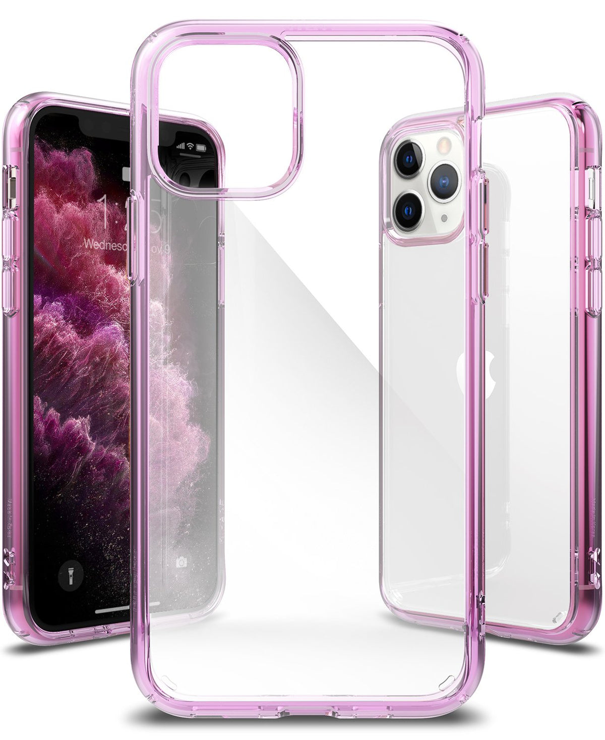 iPhone 11 Pro Max Case | Fusion - Lavender transparent protective phone case shown from front, back, and side angles.