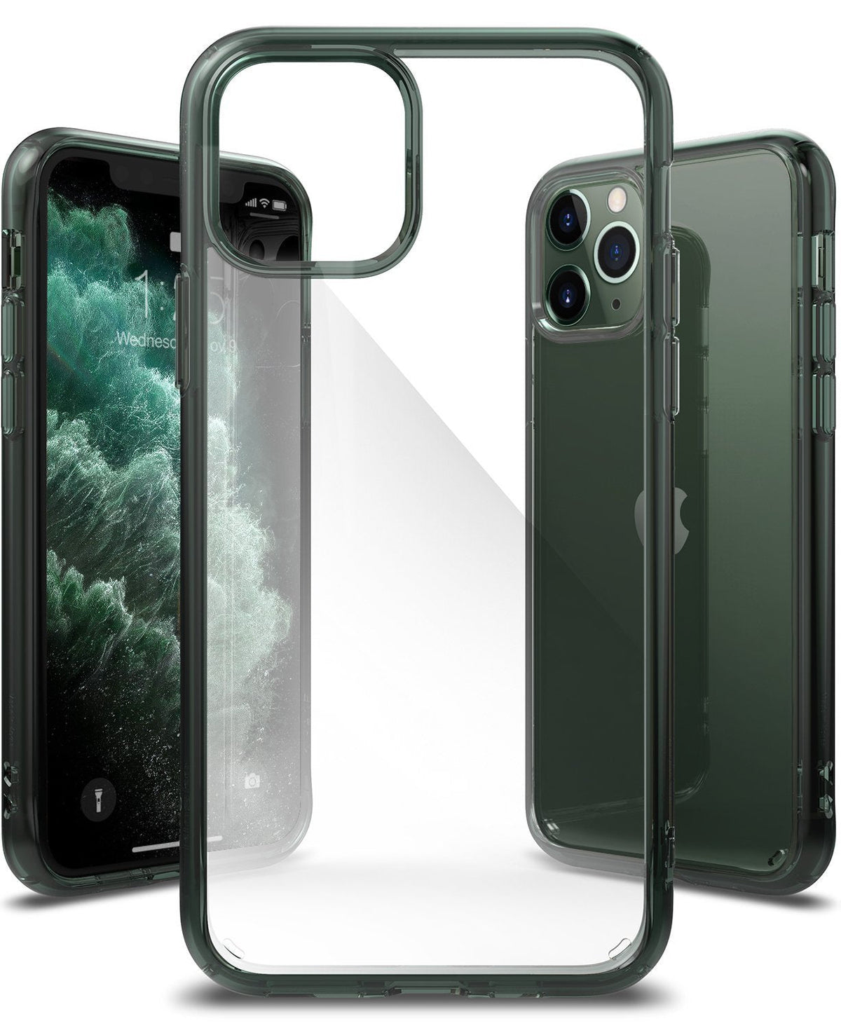 iPhone 11 Pro Max Case | Fusion - Clear phone case with pine green edges shown from front, back, and side angles.