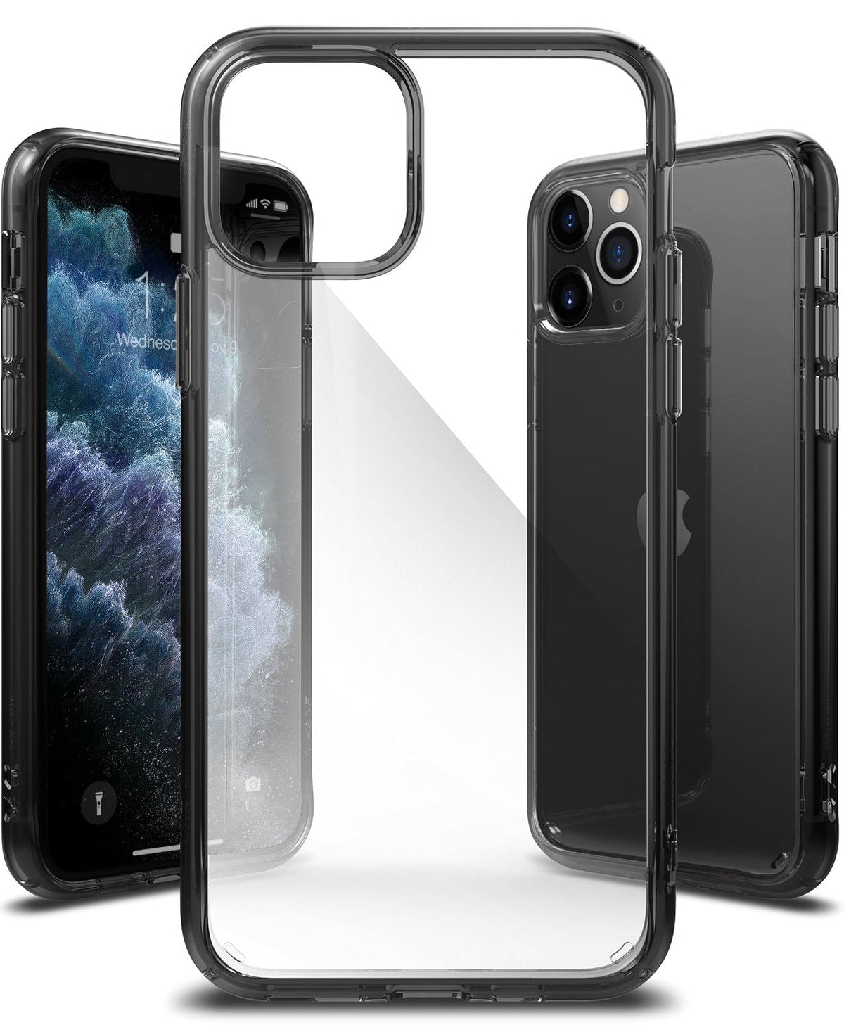 iPhone 11 Pro Max Case | Fusion - Transparent smoke black protective phone case shown from front and back angles.