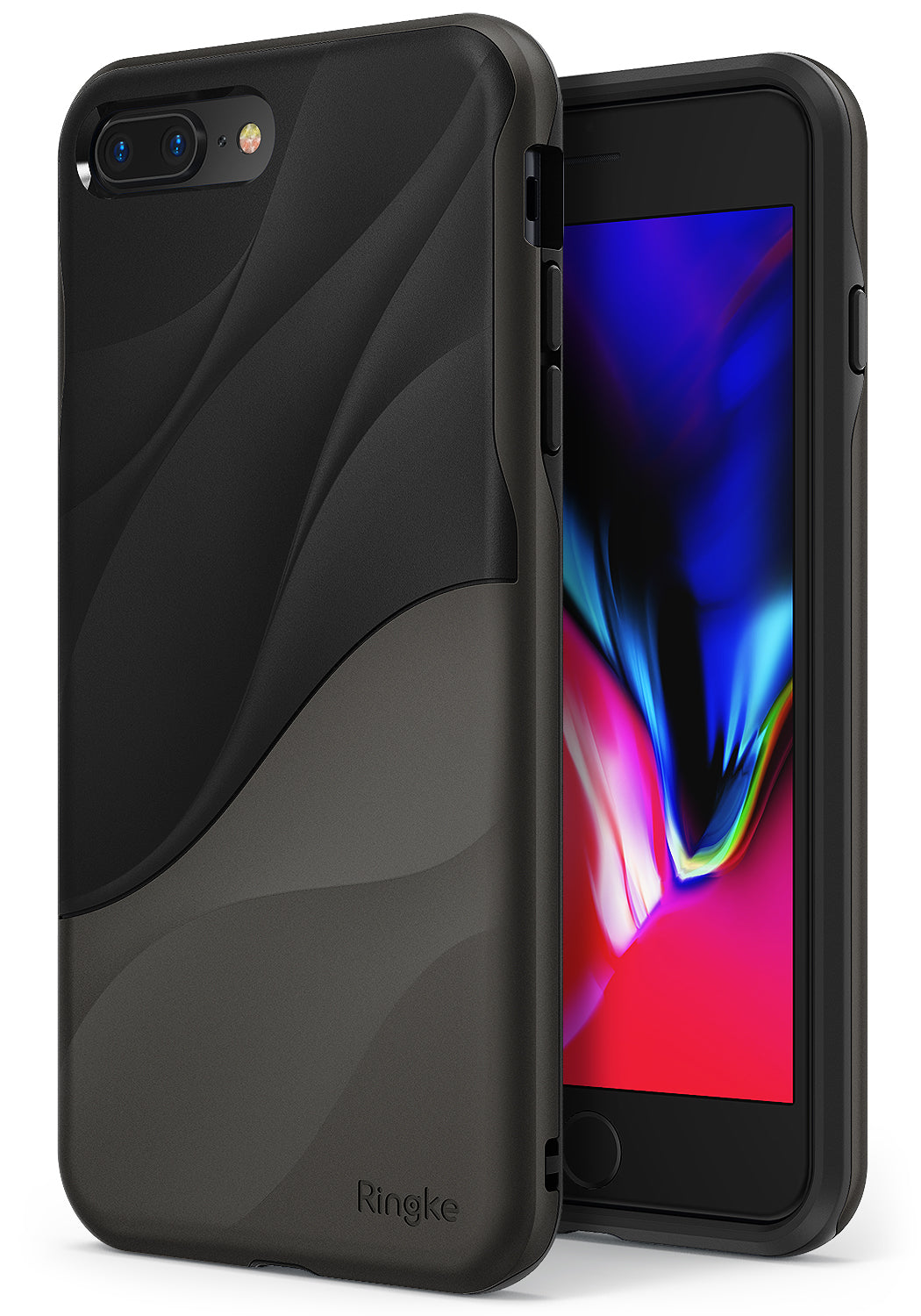 iPhone 8 Plus / 7 Plus Case | Wave - Black phone case with a textured wave pattern and a vibrant abstract screen display.