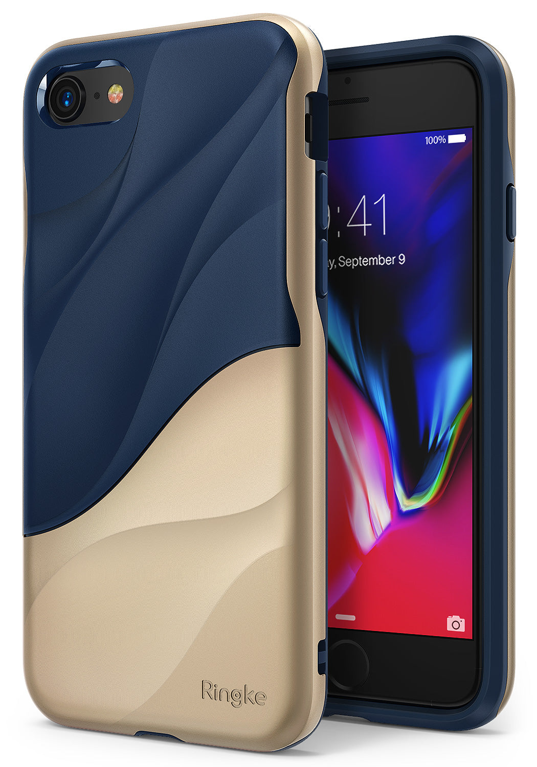 iPhone 8 / 7 Case | Wave - Two-tone navy blue and gold phone case with a wavy, textured design on an iPhone.