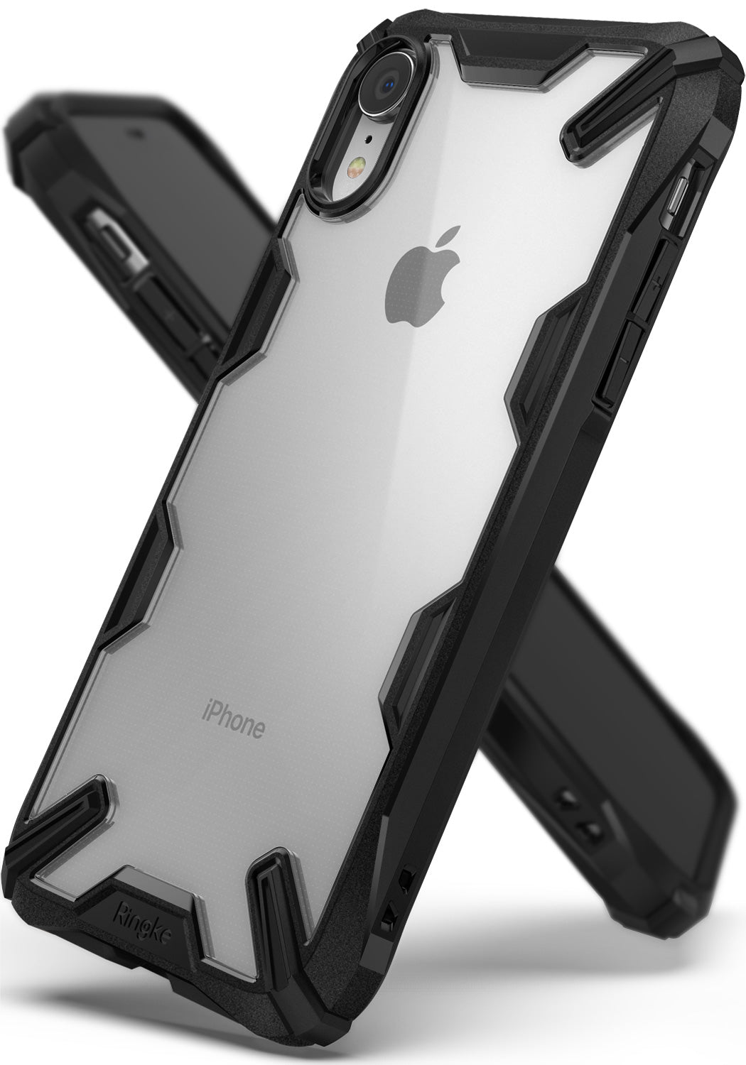 iPhone XR Case | Fusion-X - Rugged black protective case with a clear back panel showcasing an iPhone XR.