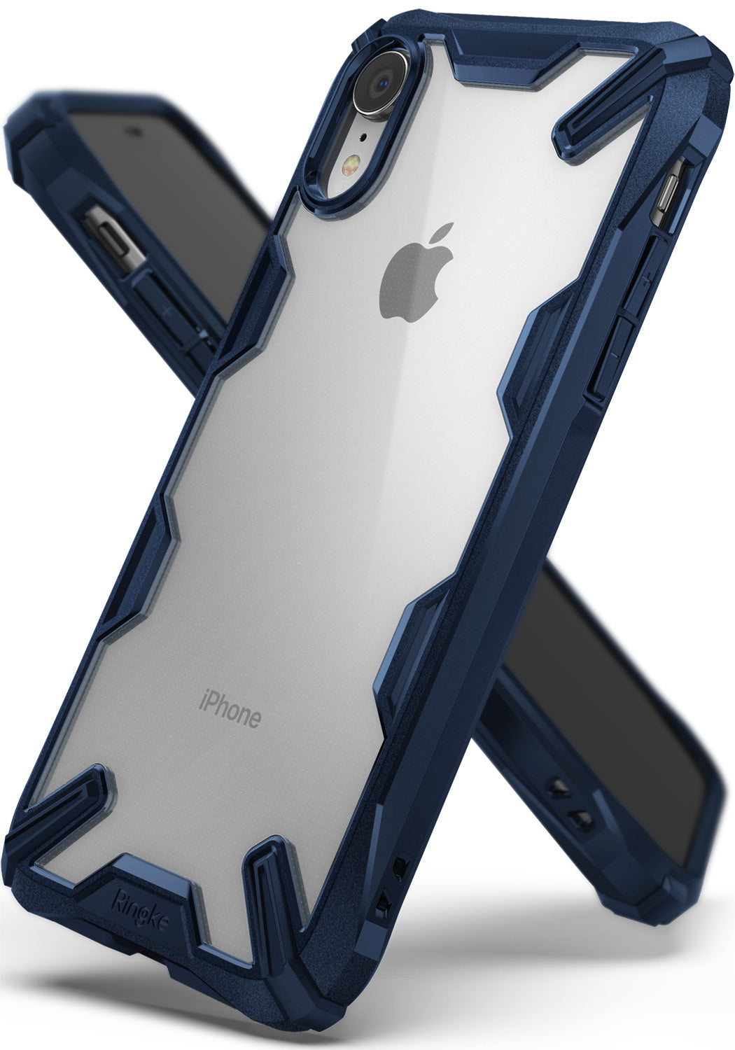 iPhone XR Case | Fusion-X - Navy blue rugged protective case with a clear back panel showcasing an iPhone XR.