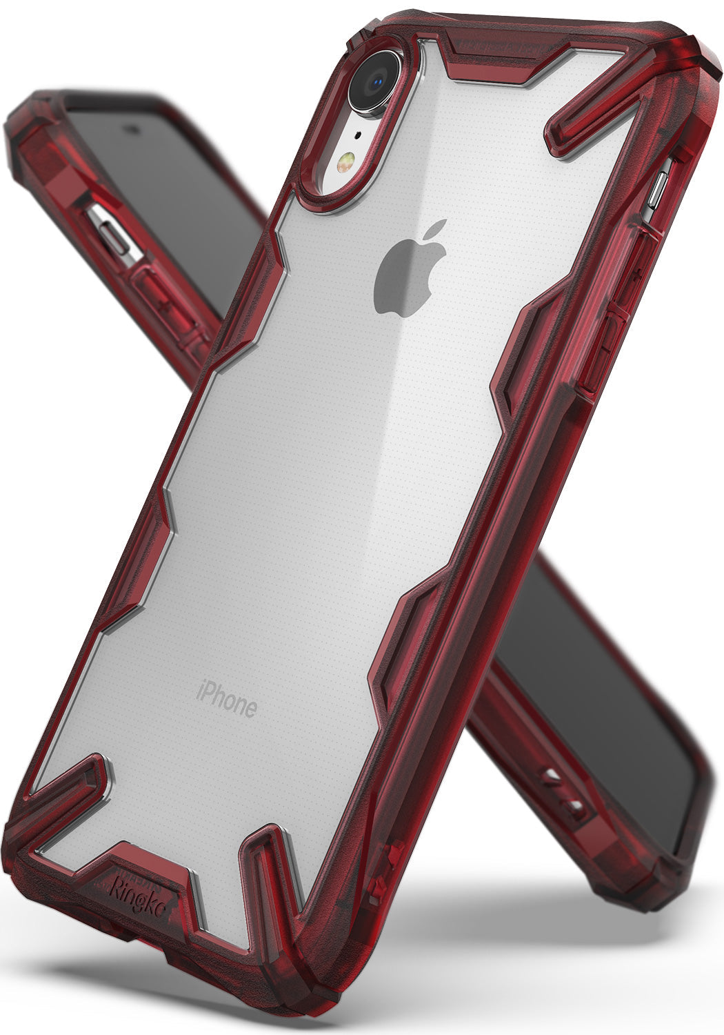 iPhone XR Case | Fusion-X - Red, rugged, transparent protective case for iPhone XR with reinforced corners and Ringke branding.