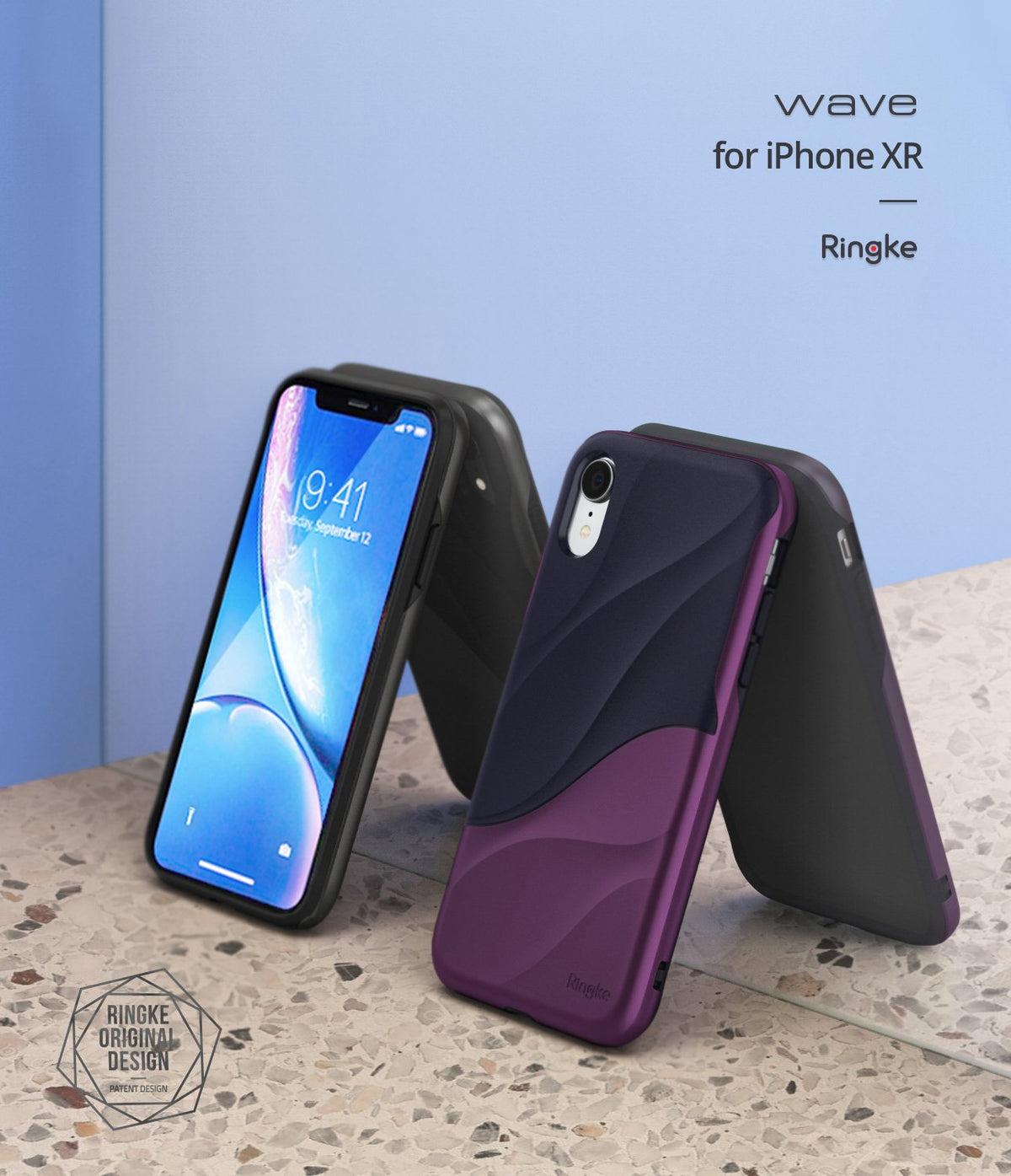 iPhone XR Case | Wave - Two iPhone XR phones with purple and black wave-patterned cases displayed on a stone surface.