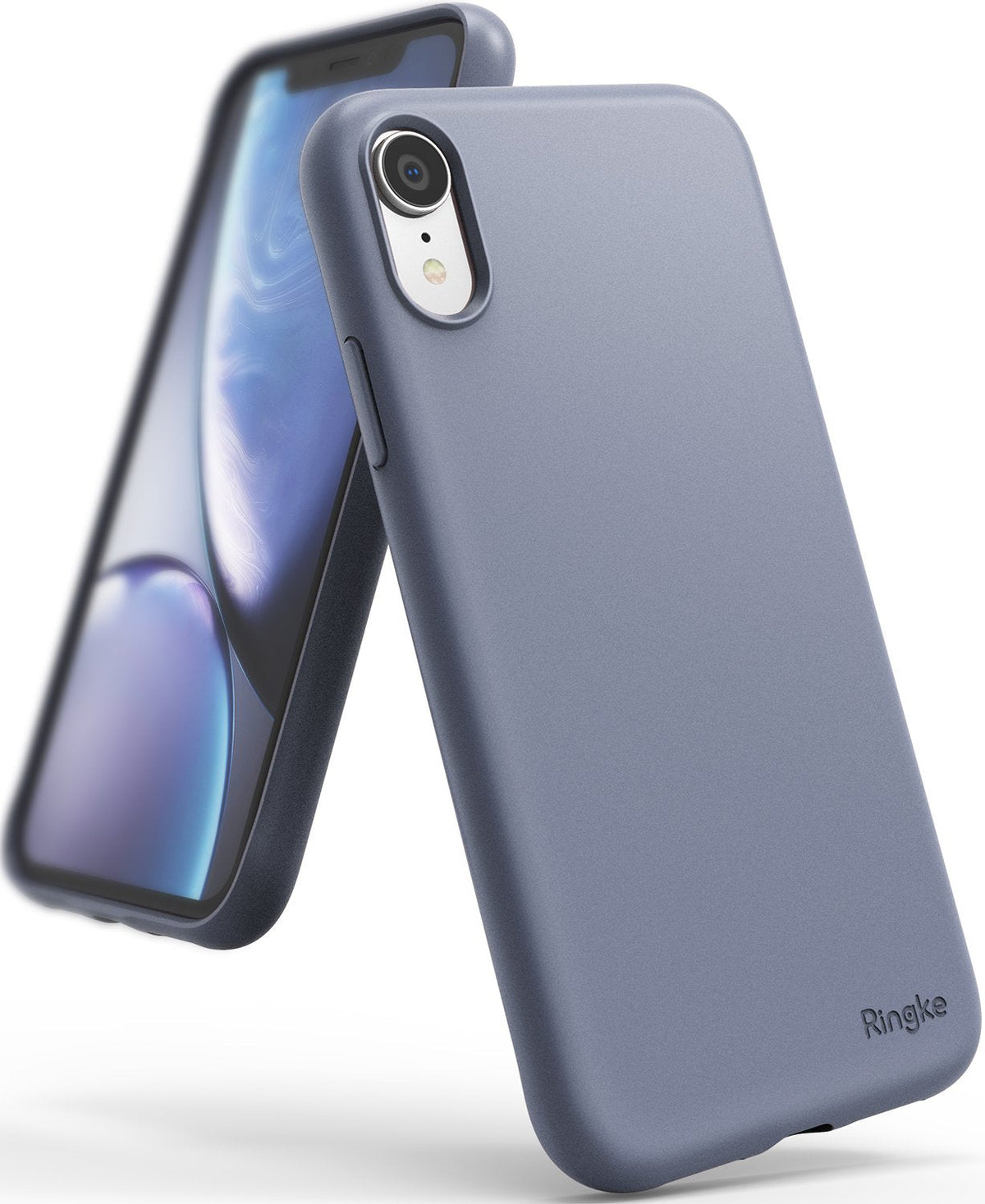 iPhone XR Case | Air-S - Lavender gray matte phone case shown from front and back angles against a white background.