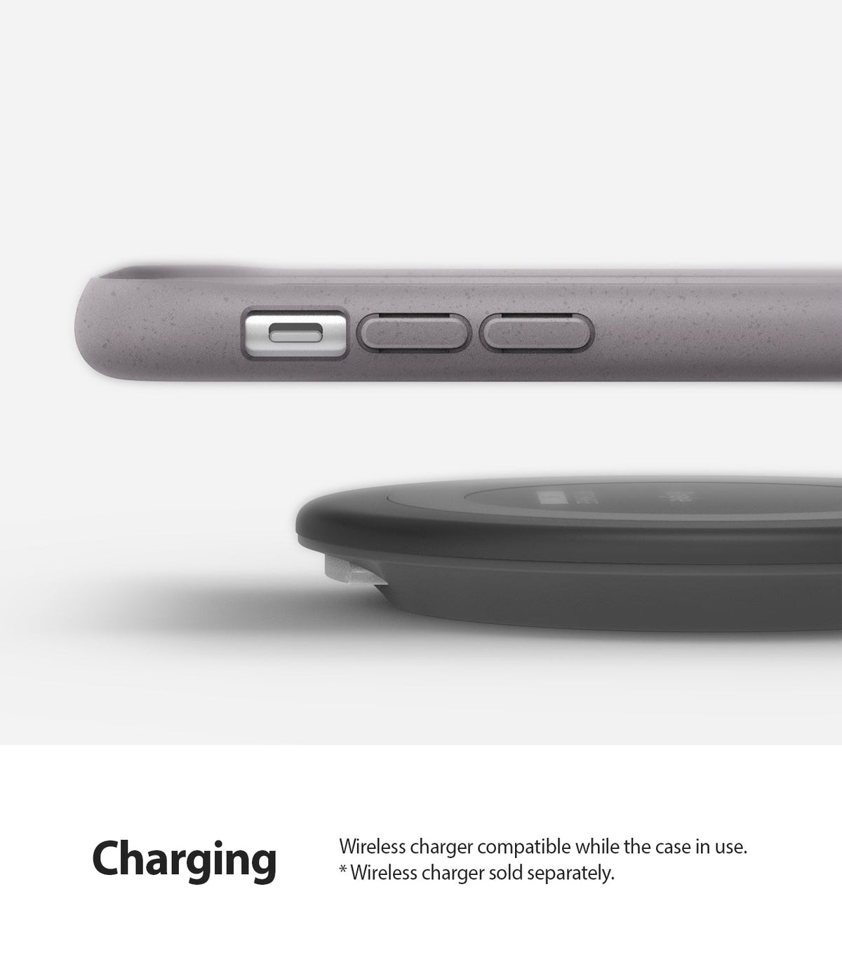 iPhone XR Case | Air-S - Side view of a grey iPhone XR case hovering above a wireless charging pad on a white background.
