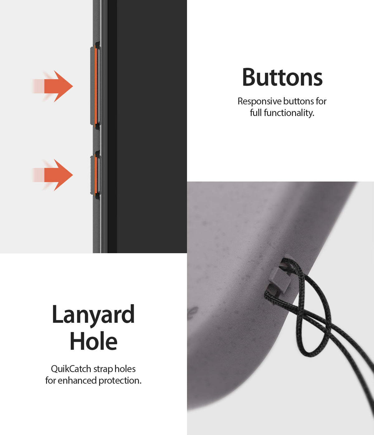 iPhone XR Case | Air-S - Close-up of responsive side buttons and a QuikCatch lanyard hole on a textured gray phone case.