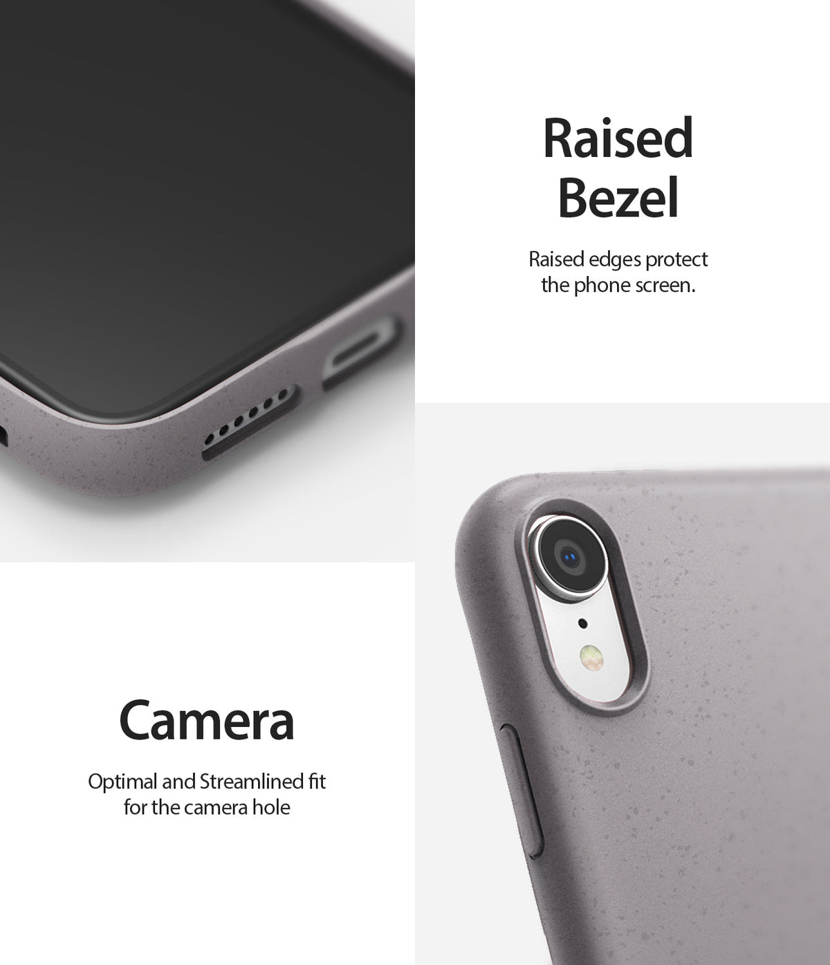 iPhone XR Case | Air-S - Close-up of a grey phone case showing a raised screen bezel and a precise camera cutout.
