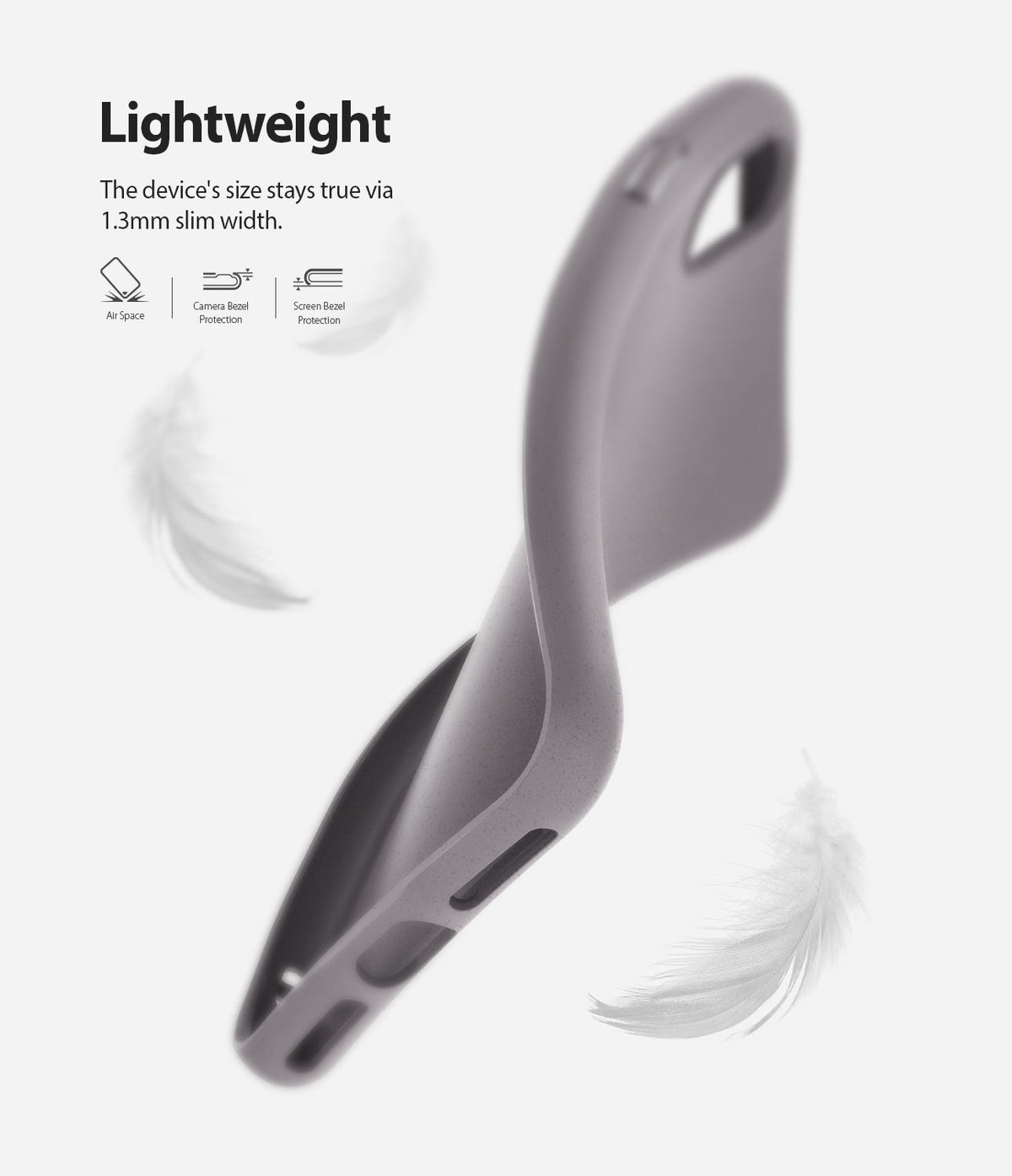 iPhone XR Case | Air-S - A flexible, grey phone case floating among feathers with text highlighting its slim, lightweight design.