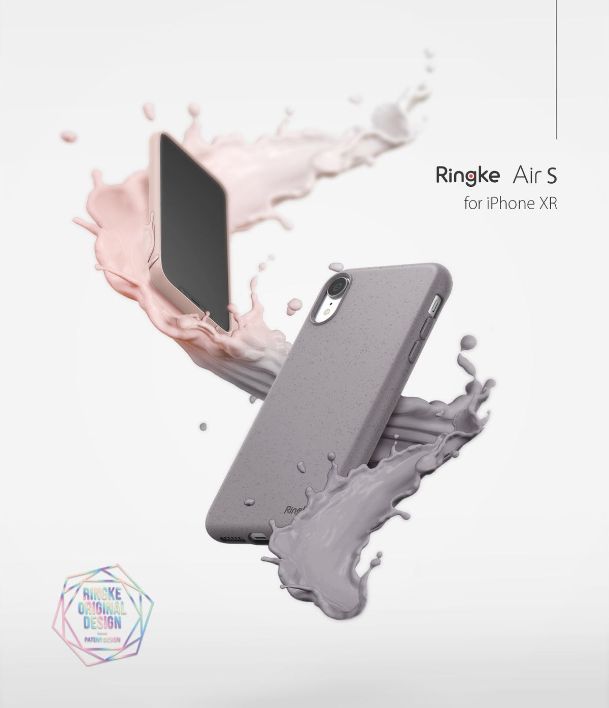iPhone XR Case | Air-S - Chic Stone iPhone XR case floating amidst dynamic splashes of pink and grey liquid on a white background.