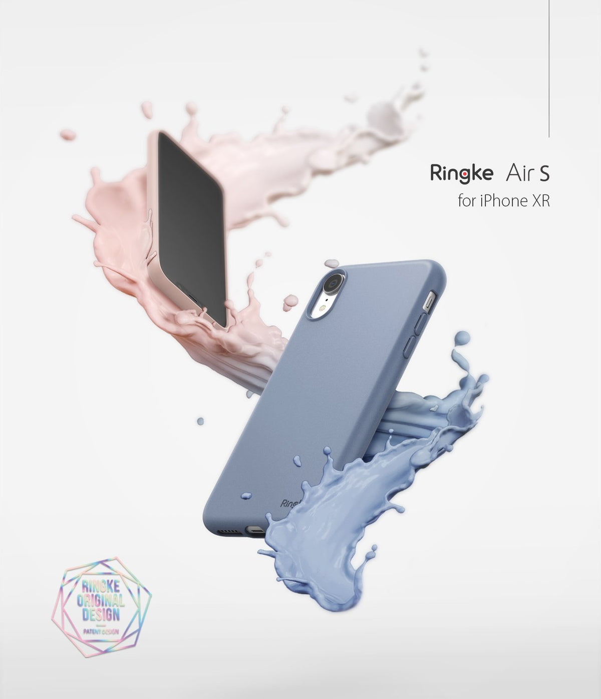 iPhone XR Case | Air-S - Blue and coral iPhone XR cases floating amidst dynamic, colorful liquid splashes on a white background.