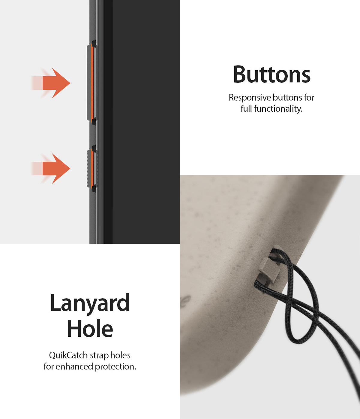iPhone XR Case | Air-S - Close-up of responsive phone buttons and a lanyard hole with a strap attached to the textured case.