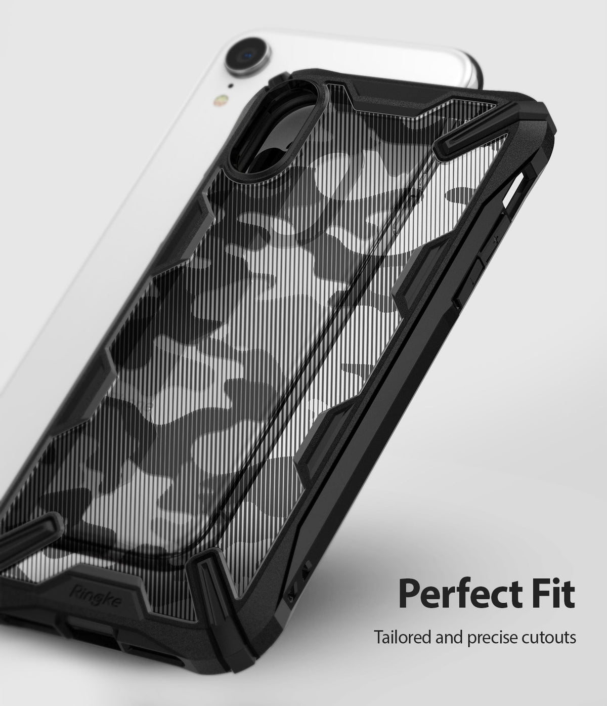 iPhone XR Case | Fusion-X - Black rugged phone case with camo pattern and vertical stripes on a white iPhone XR.